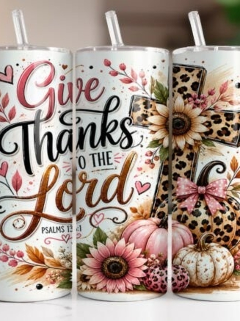 Give Thanks to the Lord Pink Floral Leopard Pumpkin 20oz Tumbler
